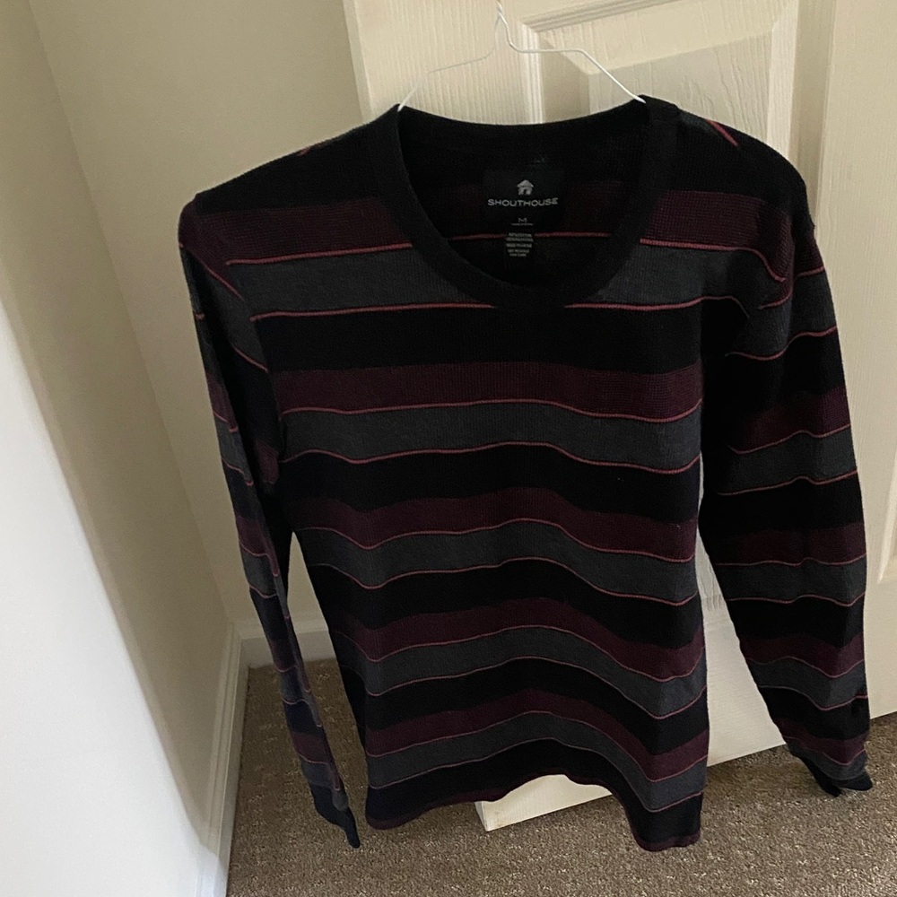 Shouthouse Men's V-Neck Striped Sweater - Black and Red